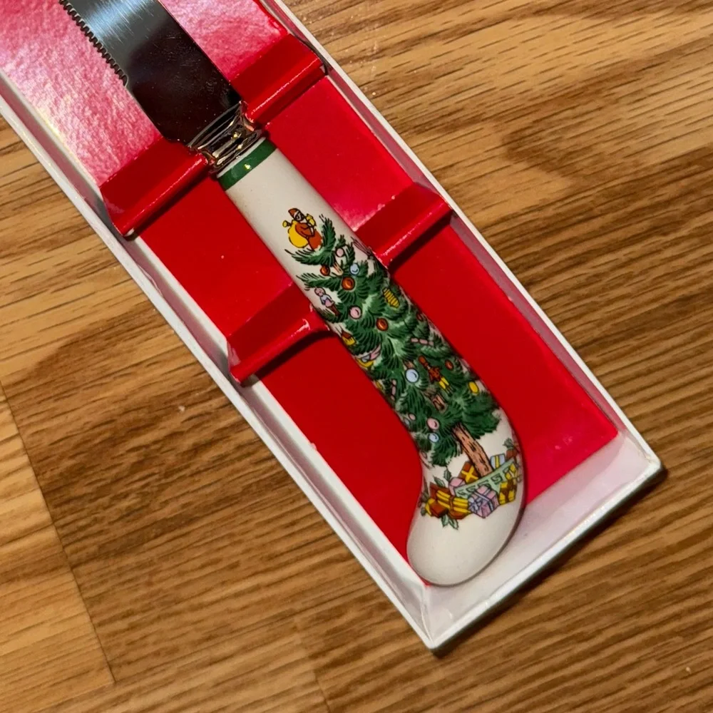 NEW Open Box Spode Christmas Tree Cheese Knife Ceramic Handle Serrated Stainless